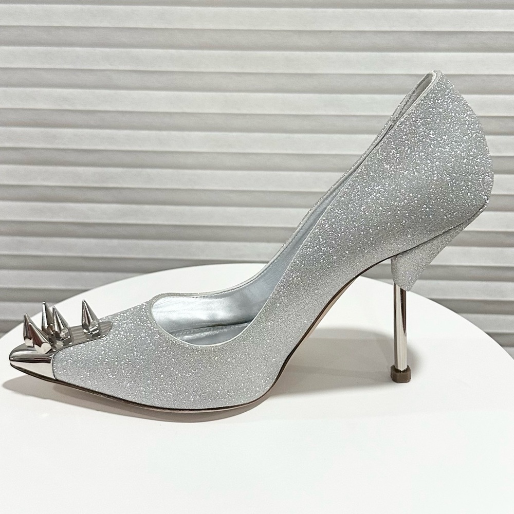 🌹ALEXANDER MCQUEEN🌹 Silver 110 Stud-Detail Punk Spike Glitter Stiletto  Size: 37 - Picture 3 of 9